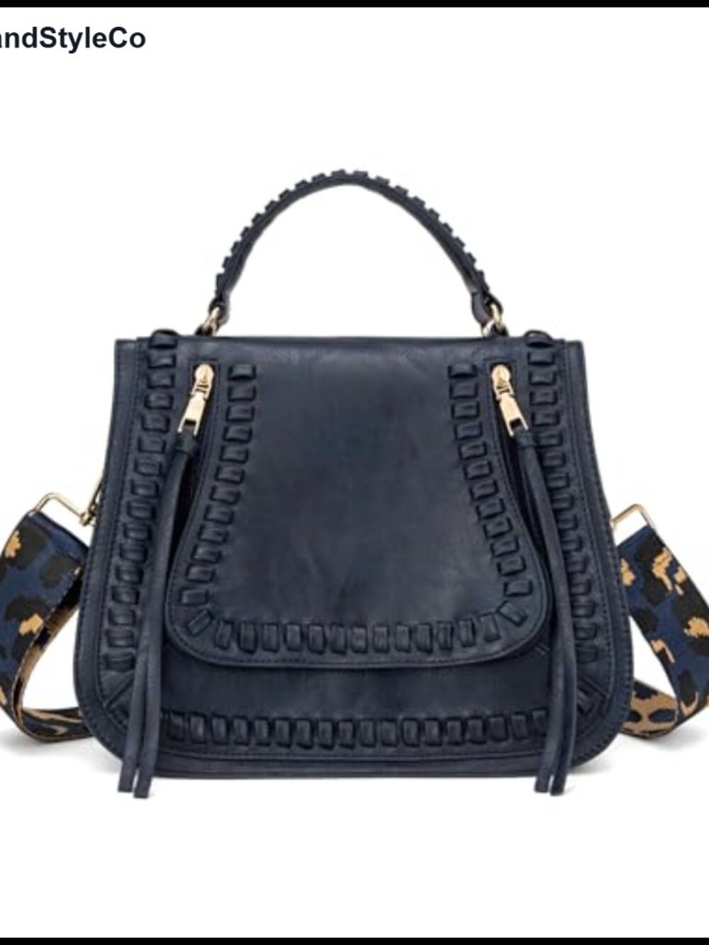 Faux Leather Satchel Crossbody Handbag Multi Pocket Braided Guitar Strap